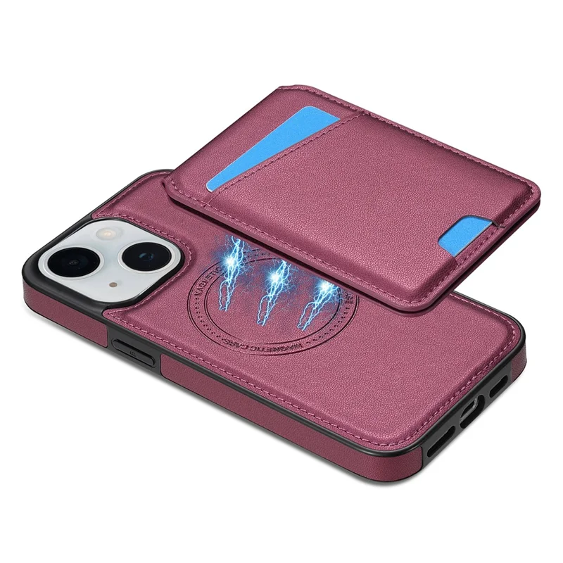 For iPhone 14 Case Compatible with MagSafe Detachable Card Holder Kickstand Leather Phone Back Cover - Red