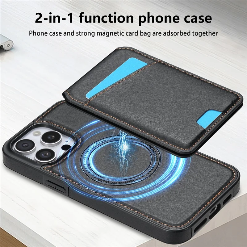 For iPhone 14 Pro Case Compatible with MagSafe Detachable Card Holder Kickstand Leather Phone Back Cover - Black