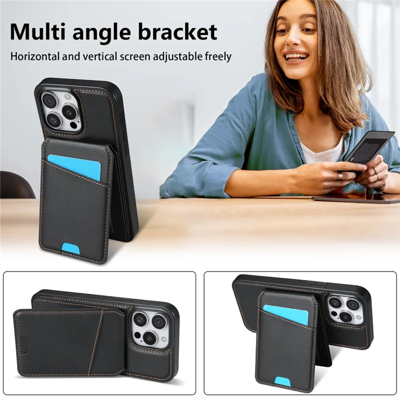 For iPhone 14 Pro Case Compatible with MagSafe Detachable Card Holder Kickstand Leather Phone Back Cover - Black