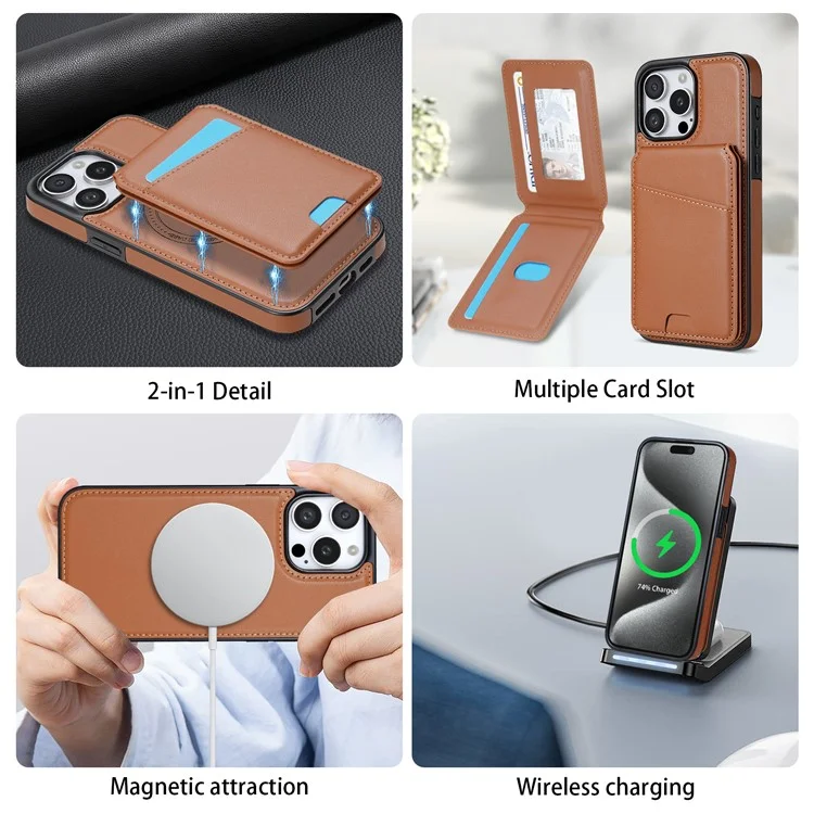 Coque pour iPhone 13 Pro compatible avec MagSafe, support de carte amovible, support de téléphone en cuir - Marron