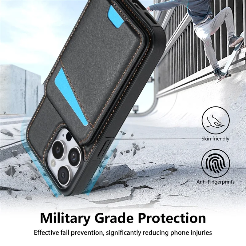 For iPhone 13 Pro Case Compatible with MagSafe Detachable Card Holder Kickstand Leather Phone Back Cover - Black