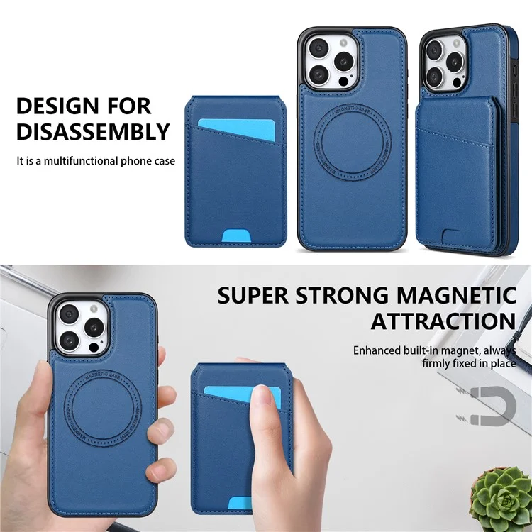 Чехол для iPhone 13 Pro Max совместимый с MagSafe, с отсоединяемым держателем для карт, подставкой и кожаной задней панелью - синий