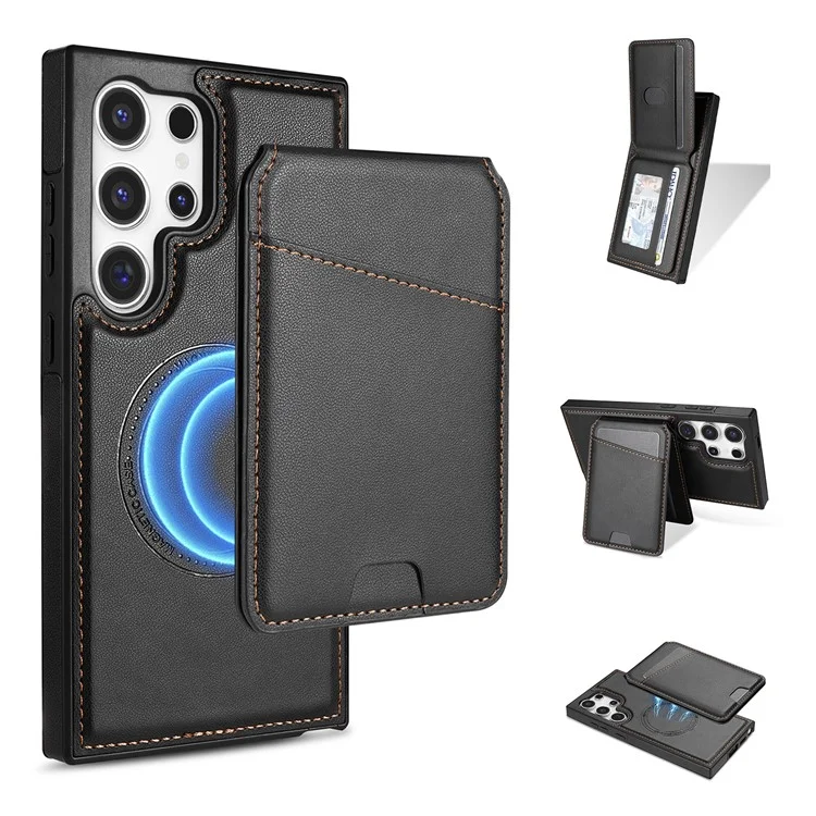 Custodia per Samsung Galaxy S25 Ultra compatibile con MagSafe, con porta carte staccabile, supporto e copertura posteriore in pelle - Nero