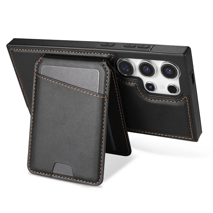 Custodia per Samsung Galaxy S25 Ultra compatibile con MagSafe, con porta carte staccabile, supporto e copertura posteriore in pelle - Nero