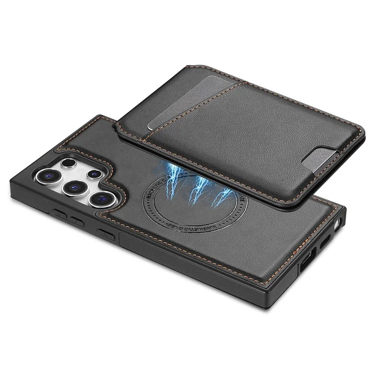 Custodia per Samsung Galaxy S25 Ultra compatibile con MagSafe, con porta carte staccabile, supporto e copertura posteriore in pelle - Nero