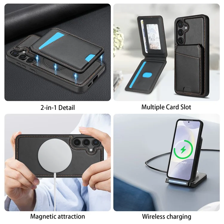 Funda para Samsung Galaxy S25+ compatible con MagSafe, con soporte para tarjetas desmontable y protección de cuero para la parte trasera del teléfono - Negro
