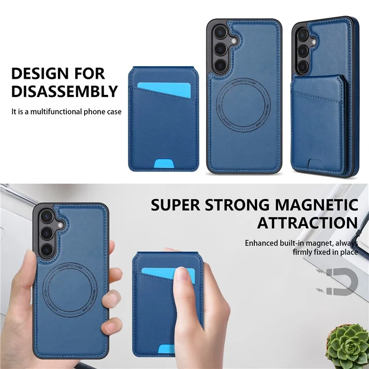 Für Samsung Galaxy S25 Hülle kompatibel mit MagSafe abnehmbarem Kartenfach Ständer Leder Handyhülle - Blau