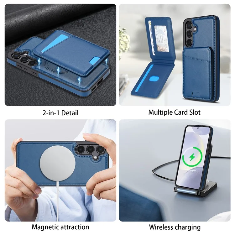 Für Samsung Galaxy S25 Hülle kompatibel mit MagSafe abnehmbarem Kartenfach Ständer Leder Handyhülle - Blau