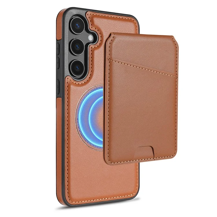 Für Samsung Galaxy S24 FE Hülle kompatibel mit MagSafe abnehmbarer Kartenfach-Halterung, Ständer, Leder-Handyhülle - Braun