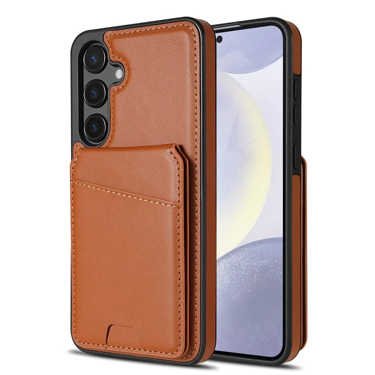 Für Samsung Galaxy S24 FE Hülle kompatibel mit MagSafe abnehmbarer Kartenfach-Halterung, Ständer, Leder-Handyhülle - Braun