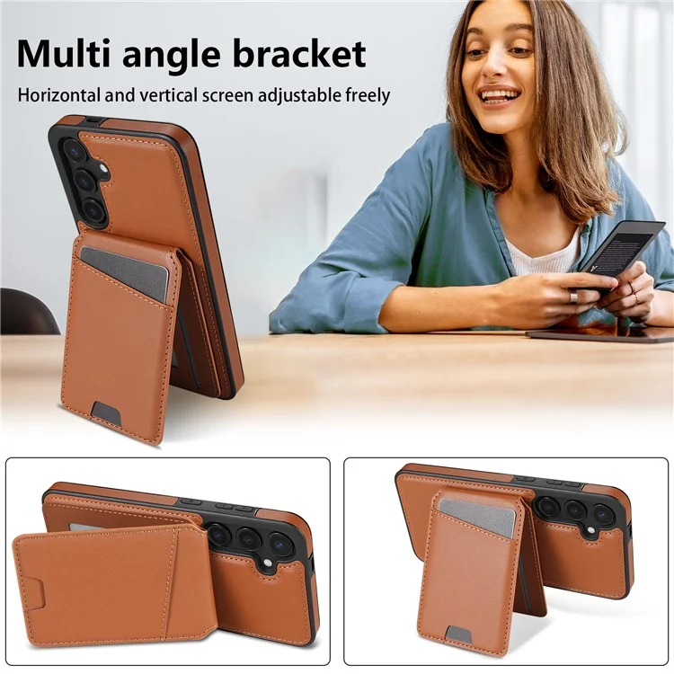 Für Samsung Galaxy S24 FE Hülle kompatibel mit MagSafe abnehmbarer Kartenfach-Halterung, Ständer, Leder-Handyhülle - Braun