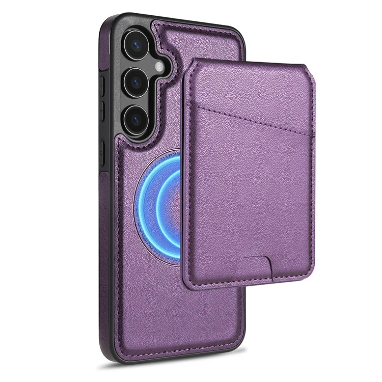 For Samsung Galaxy A55 5G Case Compatible with MagSafe Detachable Card Holder Kickstand Leather Phone Back Cover - Purple