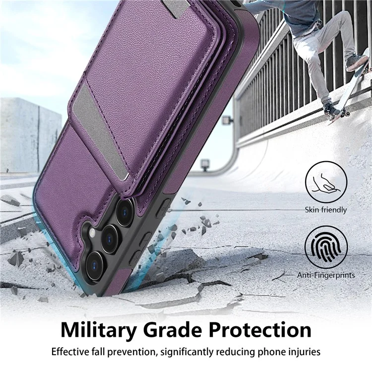 For Samsung Galaxy A55 5G Case Compatible with MagSafe Detachable Card Holder Kickstand Leather Phone Back Cover - Purple