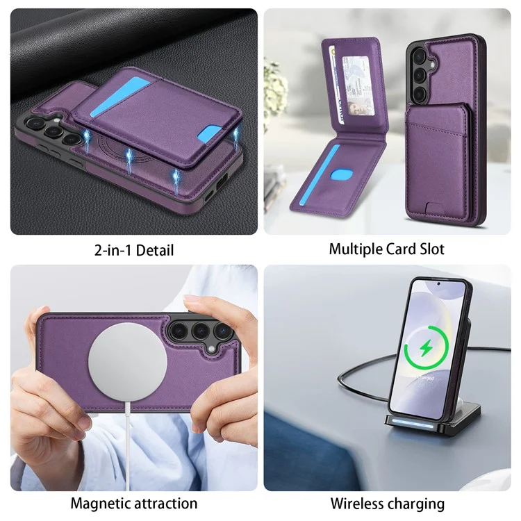 For Samsung Galaxy A55 5G Case Compatible with MagSafe Detachable Card Holder Kickstand Leather Phone Back Cover - Purple