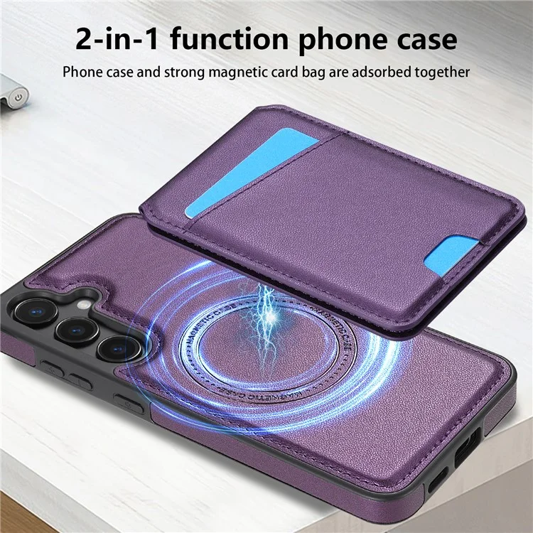 For Samsung Galaxy A55 5G Case Compatible with MagSafe Detachable Card Holder Kickstand Leather Phone Back Cover - Purple