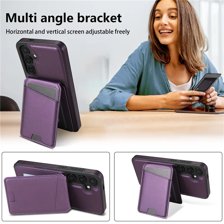 For Samsung Galaxy A55 5G Case Compatible with MagSafe Detachable Card Holder Kickstand Leather Phone Back Cover - Purple