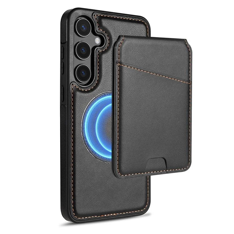 Funda para Samsung Galaxy S24+ compatible con MagSafe, con soporte para tarjetas desmontable y protección de cuero para la parte trasera del teléfono - Negro