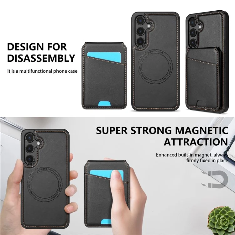Funda para Samsung Galaxy S24+ compatible con MagSafe, con soporte para tarjetas desmontable y protección de cuero para la parte trasera del teléfono - Negro