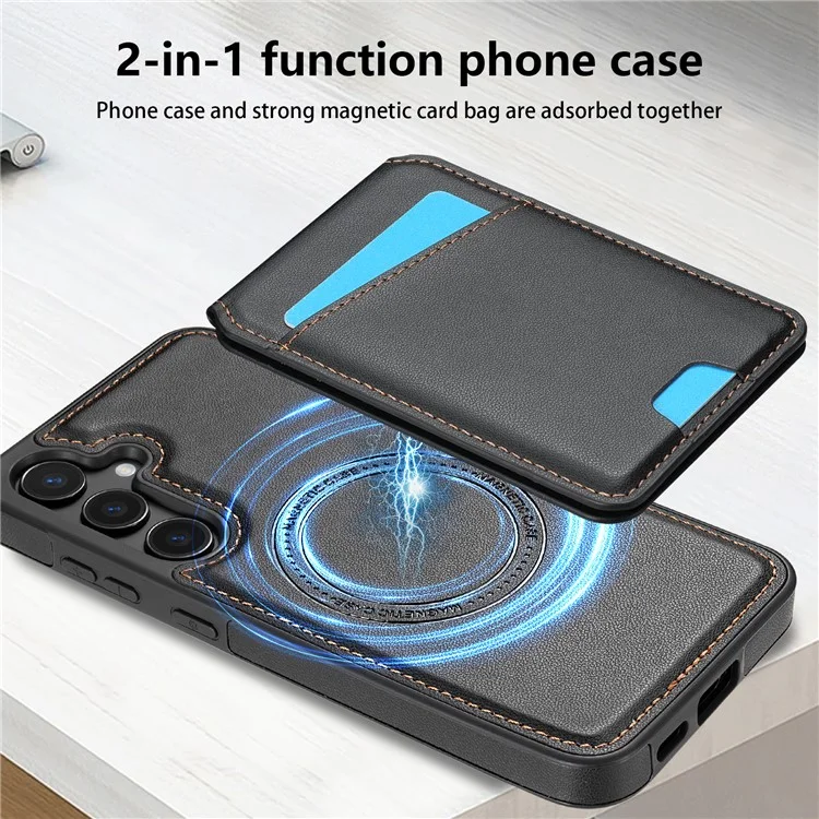 Funda para Samsung Galaxy S24+ compatible con MagSafe, con soporte para tarjetas desmontable y protección de cuero para la parte trasera del teléfono - Negro