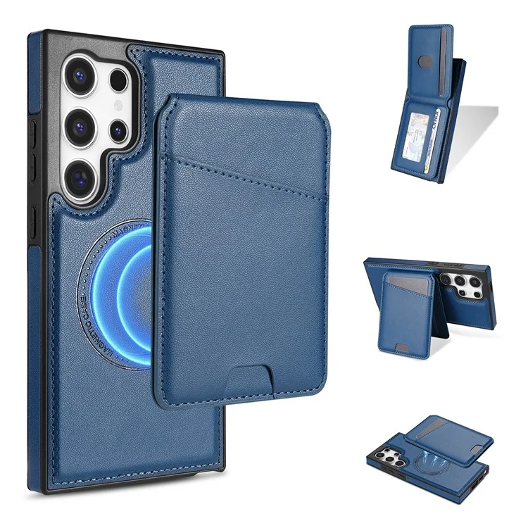 Funda para Samsung Galaxy S24 Ultra compatible con MagSafe, con soporte para tarjetas desmontable y protección de cuero para la parte trasera del teléfono - Azul