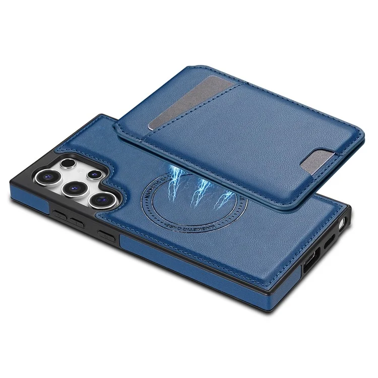 Funda para Samsung Galaxy S24 Ultra compatible con MagSafe, con soporte para tarjetas desmontable y protección de cuero para la parte trasera del teléfono - Azul
