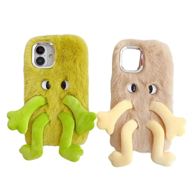 For iPhone 16 Plus Fluffy Phone Case Long Leg Expressive Eye TPU Mobile Cover - Green