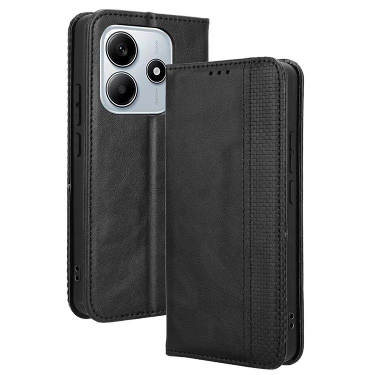 Для Xiaomi Redmi Note 14 4G / 5G кожаный чехол-бумажник со стендом и ретро-текстурой - черный