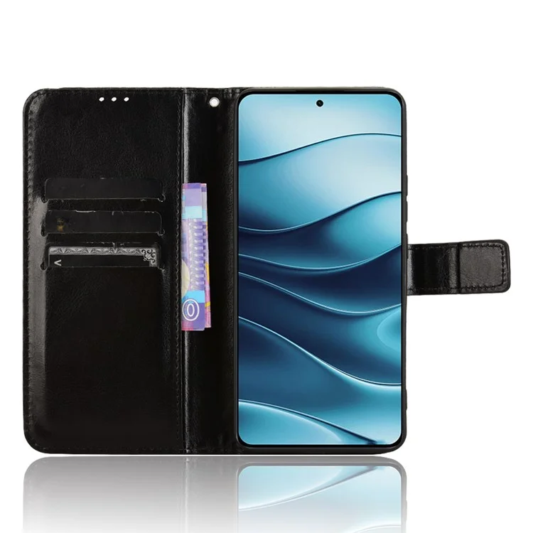 Funda para Xiaomi Redmi Note 14 4G / 5G, textura de caballo loco, cubierta de cartera de piel de PU - Negro