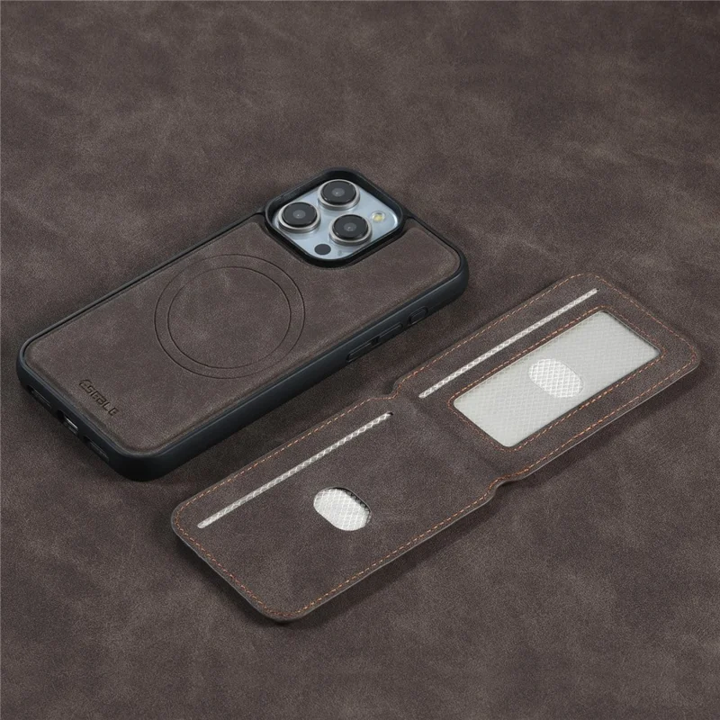 ESEBLE E2 For iPhone 14 Pro Max Magnetic Case RFID Blocking Retro Leather Back Cover with Detachable Card Holder - Coffee