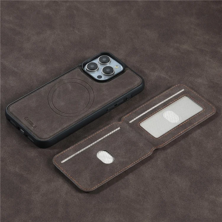 Coque magnétique ESEBLE E2 pour iPhone 14 Pro avec protection RFID, en cuir rétro avec porte-carte amovible - Café