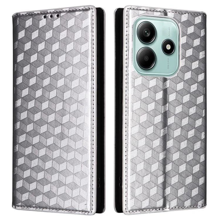 Für Xiaomi Redmi Note 14 4G / 5G Wallet Case Rhombus geprägt Leder Handyhülle - Silber