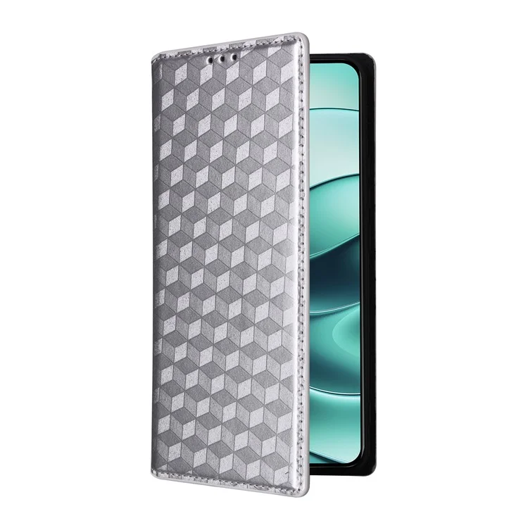 Für Xiaomi Redmi Note 14 4G / 5G Wallet Case Rhombus geprägt Leder Handyhülle - Silber