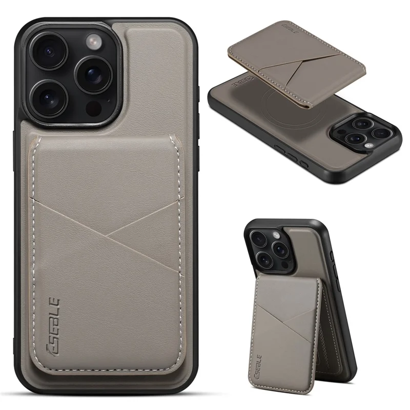 ESEBLE E3 Magnetische Hülle für iPhone 15 Pro mit abnehmbarem Kartenfach, Leder + TPU, RFID-blockierend - Grau