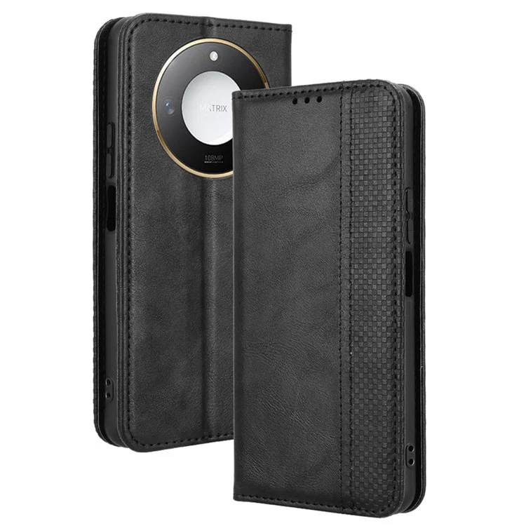 Für Honor X9c Smart 5G / X60 5G Leder Hülle Geldbörse Stand Retro Textur Handyhülle - Schwarz