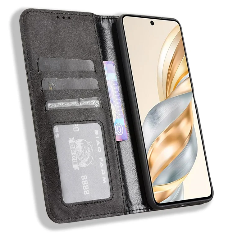 Für Honor X9c Smart 5G / X60 5G Leder Hülle Geldbörse Stand Retro Textur Handyhülle - Schwarz