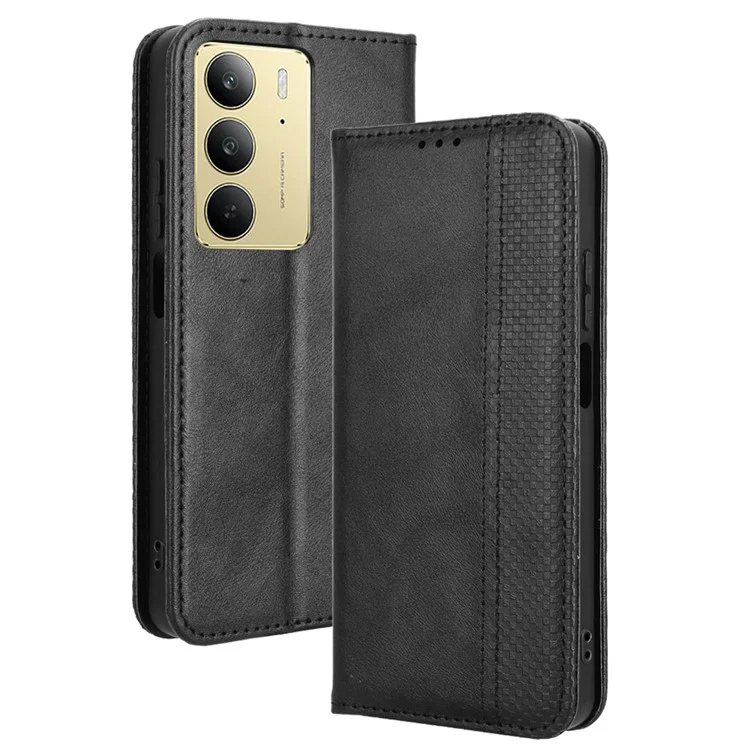 Für Realme C75 Lederetui Geldbörse Ständer Retro Textur Handyhülle - Schwarz