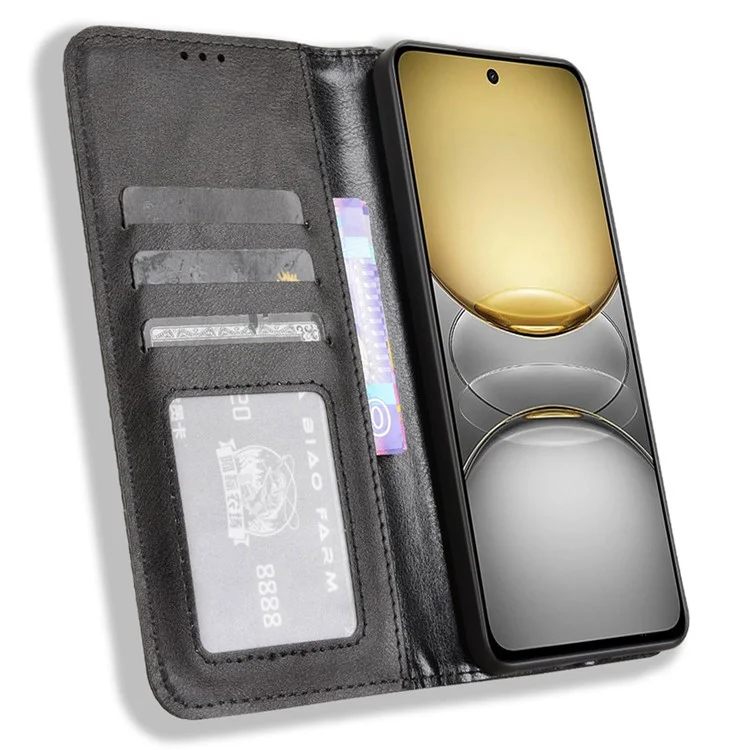 Für Realme C75 Lederetui Geldbörse Ständer Retro Textur Handyhülle - Schwarz