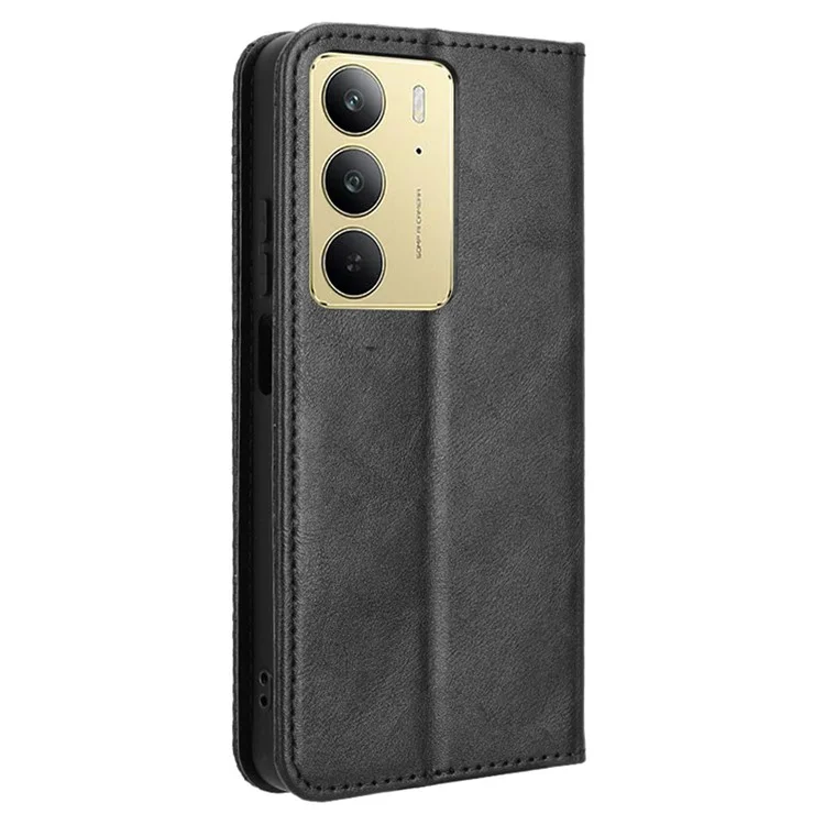 Für Realme C75 Lederetui Geldbörse Ständer Retro Textur Handyhülle - Schwarz