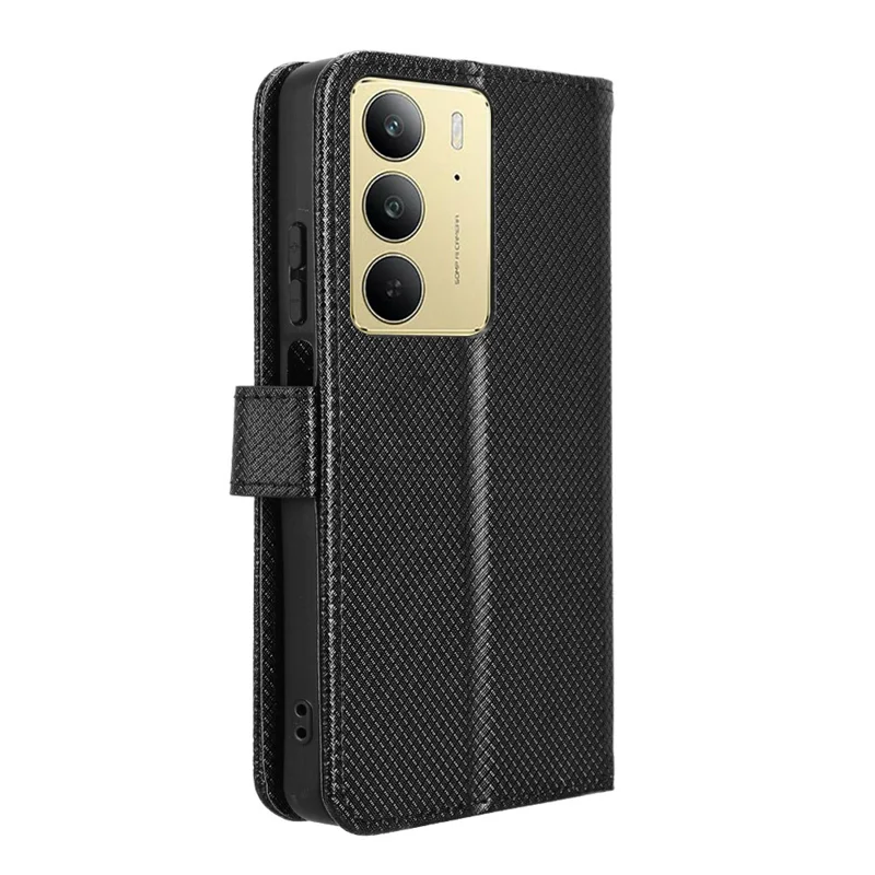For Realme 14x 5G / C75 4G / V60 Pro 5G Case PU Leather Diamond Texture Wallet Phone Cover - Black