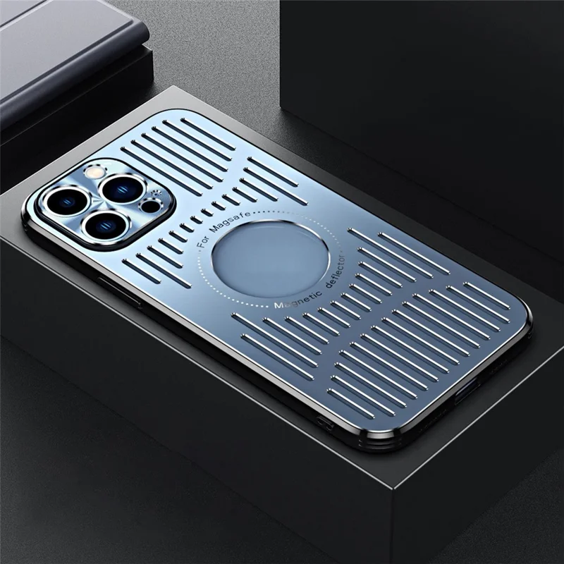For iPhone 12 Pro Max Magnetic Case Back Hollow Heat Dissipation TPU+Metal Phone Cover - Blue