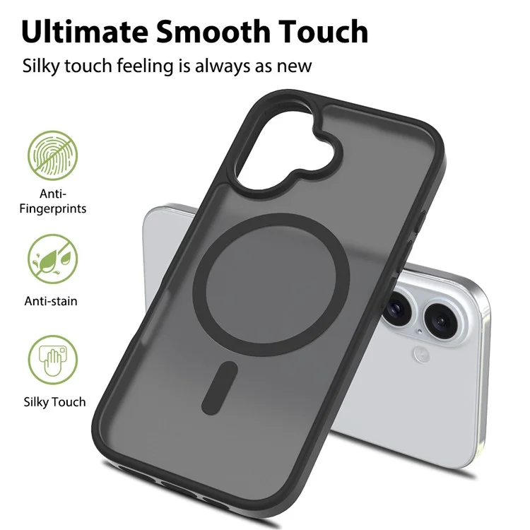 Compatibilité iPhone 16 avec cadre TPU MagSafe, couvercle de téléphone en acrylique à l'arrière et peau tactile - Noir