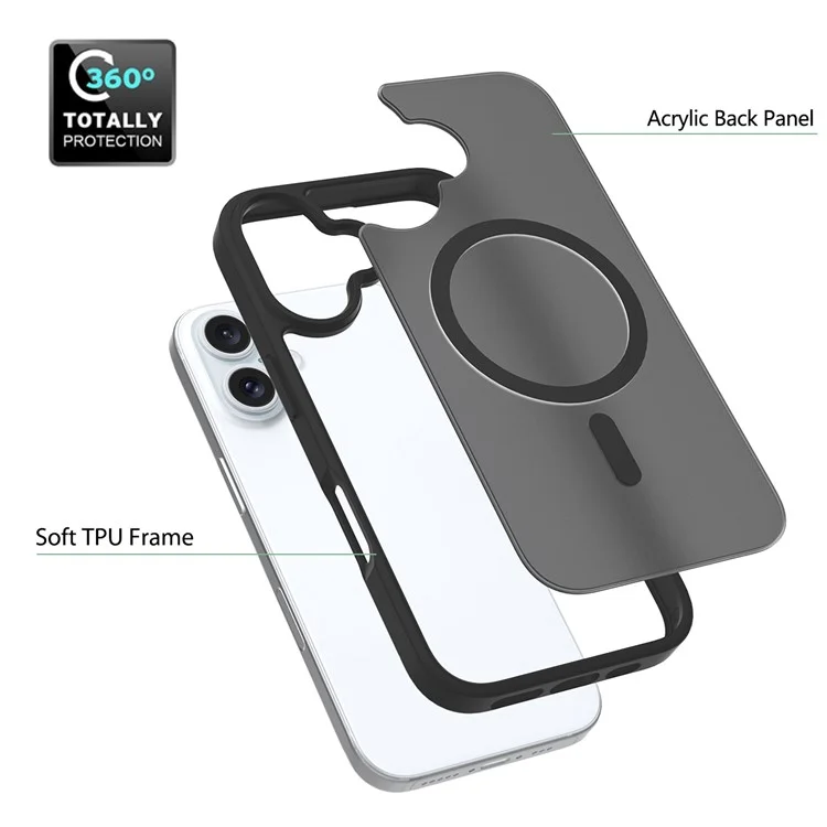Compatibilité iPhone 16 avec cadre TPU MagSafe, couvercle de téléphone en acrylique à l'arrière et peau tactile - Noir