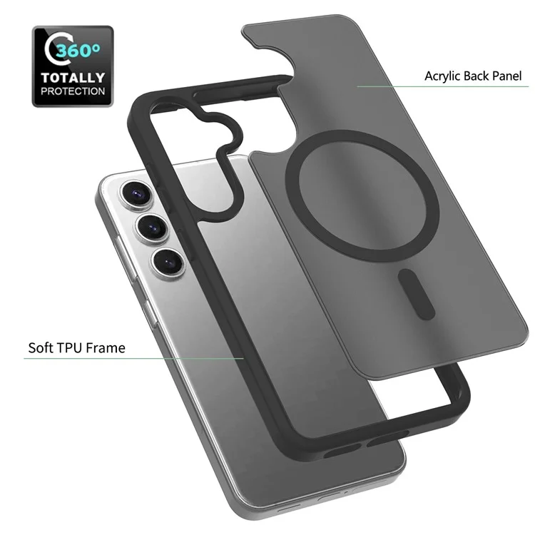 Étui pour Samsung Galaxy S25 / S24 compatible avec cadre TPU MagSafe Couverture de téléphone en acrylique dos Peau tactile - Noir