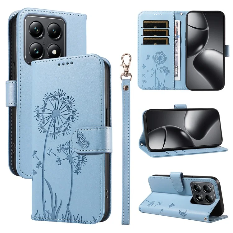 Étui en cuir pour Xiaomi 14T Coque de téléphone à motif de pissenlit - Bleu ciel