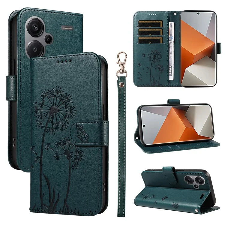 Чехол-книжка для Xiaomi Redmi Note 13 Pro+ 5G из кожи с рисунком одуванчика - синий