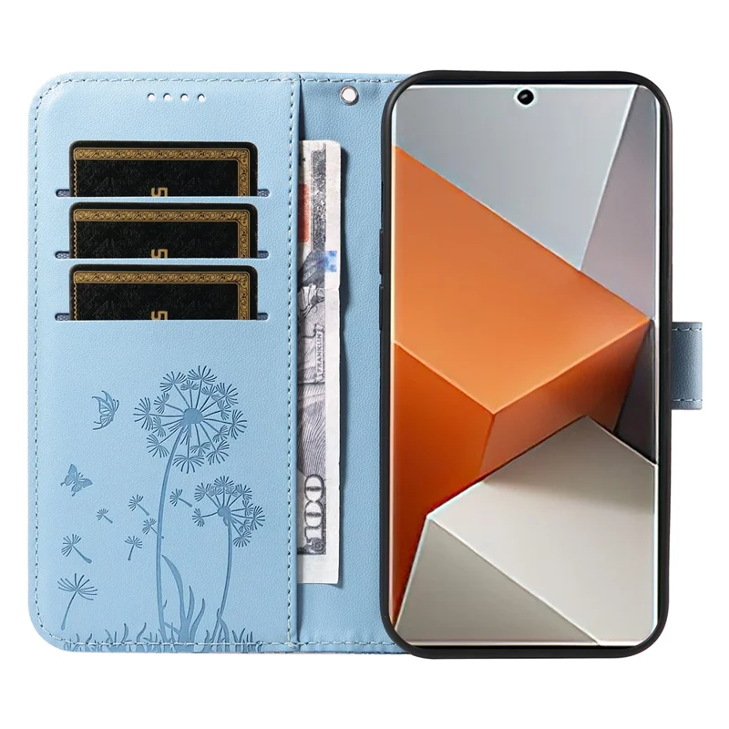 For Xiaomi Redmi Note 13 Pro+ 5G Leather Case Wallet Phone Cover Dandelion Imprint - Sky Blue
