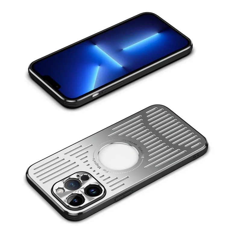 For iPhone 13 Pro Max Case Compatible with MagSafe Back Hollow Heat Dissipation TPU+Metal Phone Cover - Blue