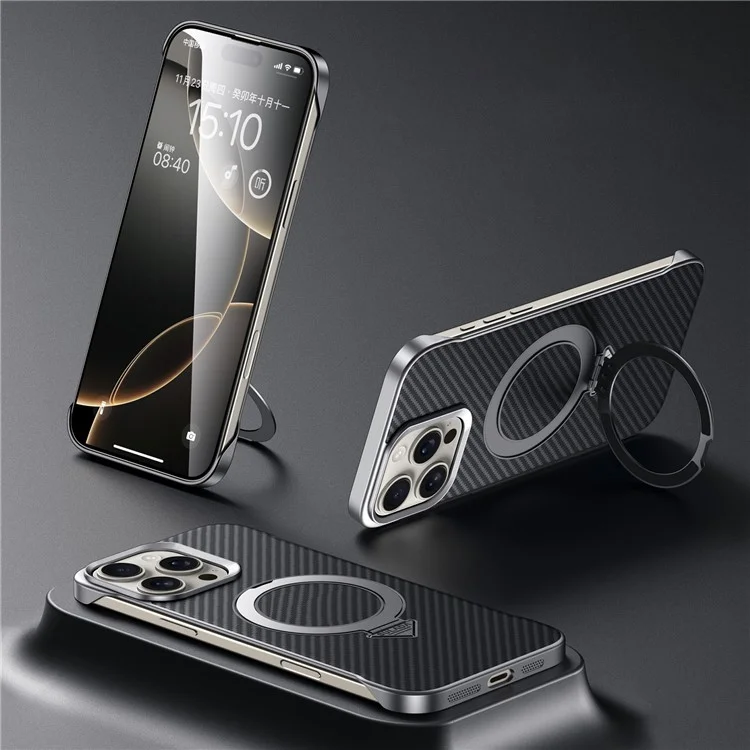 Coque pour iPhone 16 Pro compatible avec MagSafe, avec support intégré, en PU + PC, texture en fibre de carbone - Noir