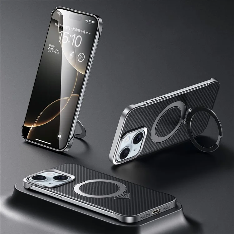Coque pour iPhone 15 compatible avec MagSafe, avec support intégré, en PU + PC, avec texture en fibre de carbone - Noir