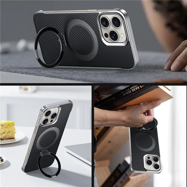 SULADA Funda para iPhone 15 Pro Max compatible con MagSafe, con soporte, de PU + PC, con textura de fibra de carbono - Negro